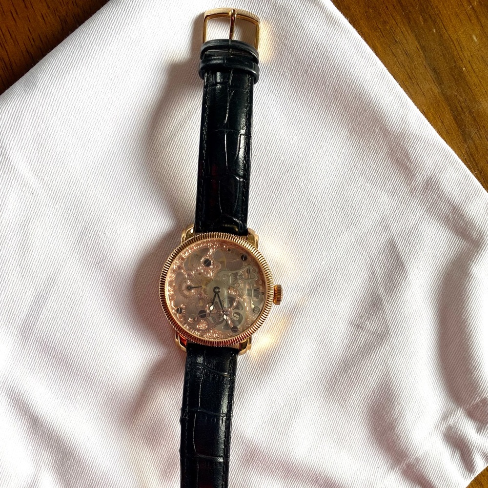 Akribos XXIV AK418RG Rose Gold Mechanical Skeleton Watch w/Black Leather band